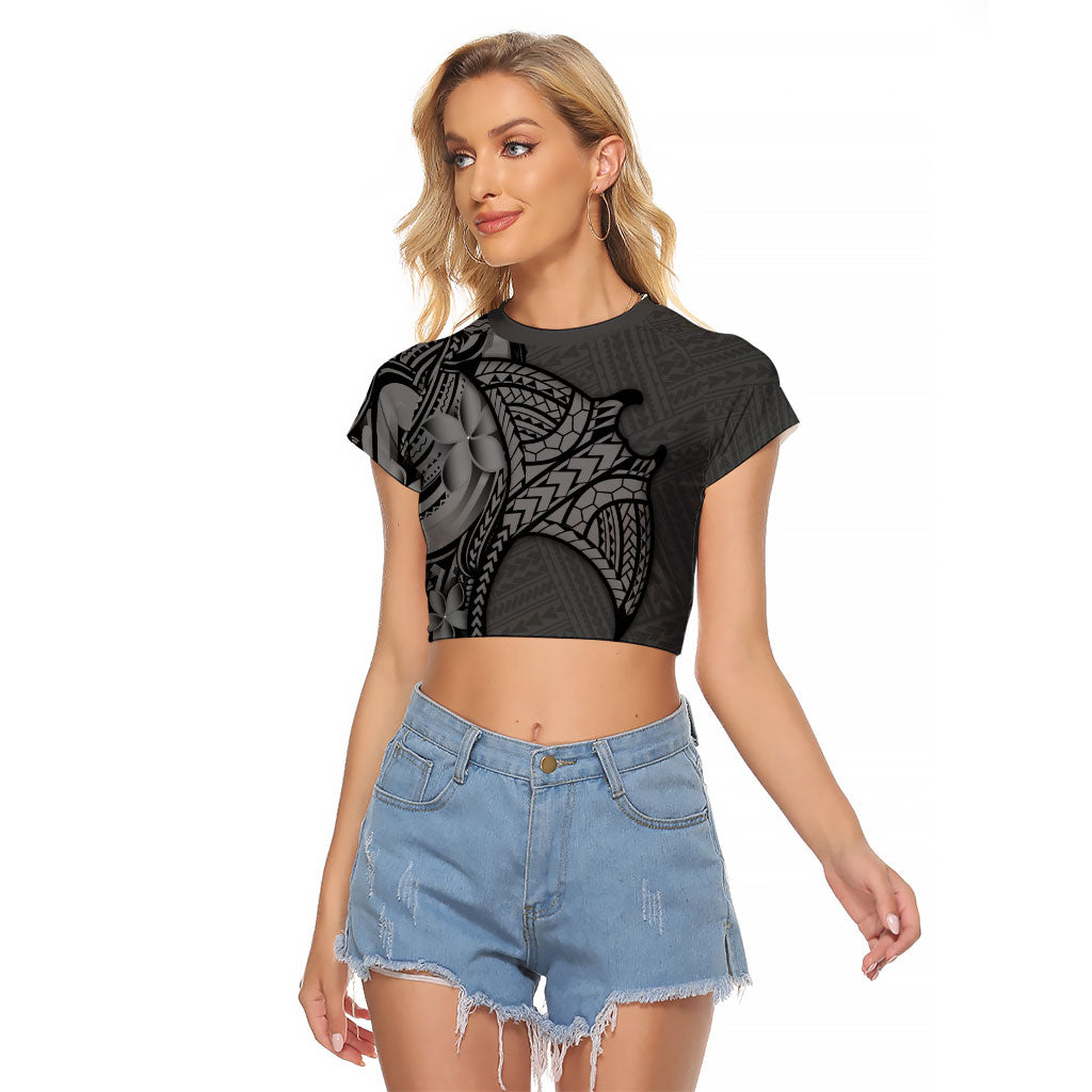 Polynesia Manta Ray Tattoo Raglan Cropped T Shirt Tropical Plumeria Gray Polynesian Pattern