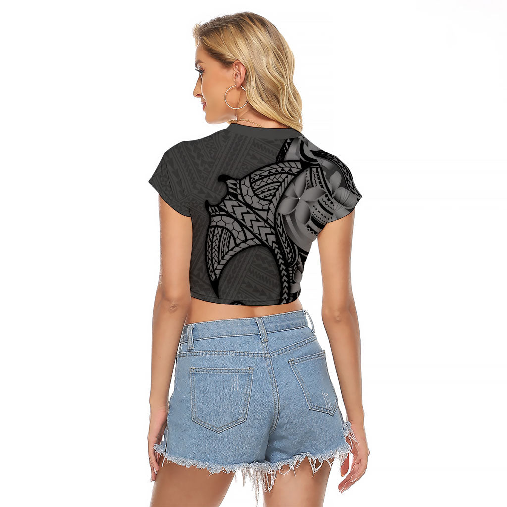 Polynesia Manta Ray Tattoo Raglan Cropped T Shirt Tropical Plumeria Gray Polynesian Pattern