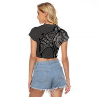Polynesia Manta Ray Tattoo Raglan Cropped T Shirt Tropical Plumeria Gray Polynesian Pattern