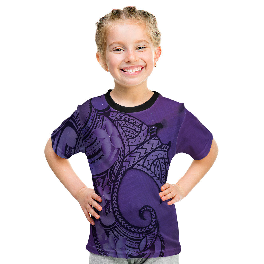 Polynesia Manta Ray Tattoo Kid T Shirt Tropical Plumeria Purple Polynesian Pattern