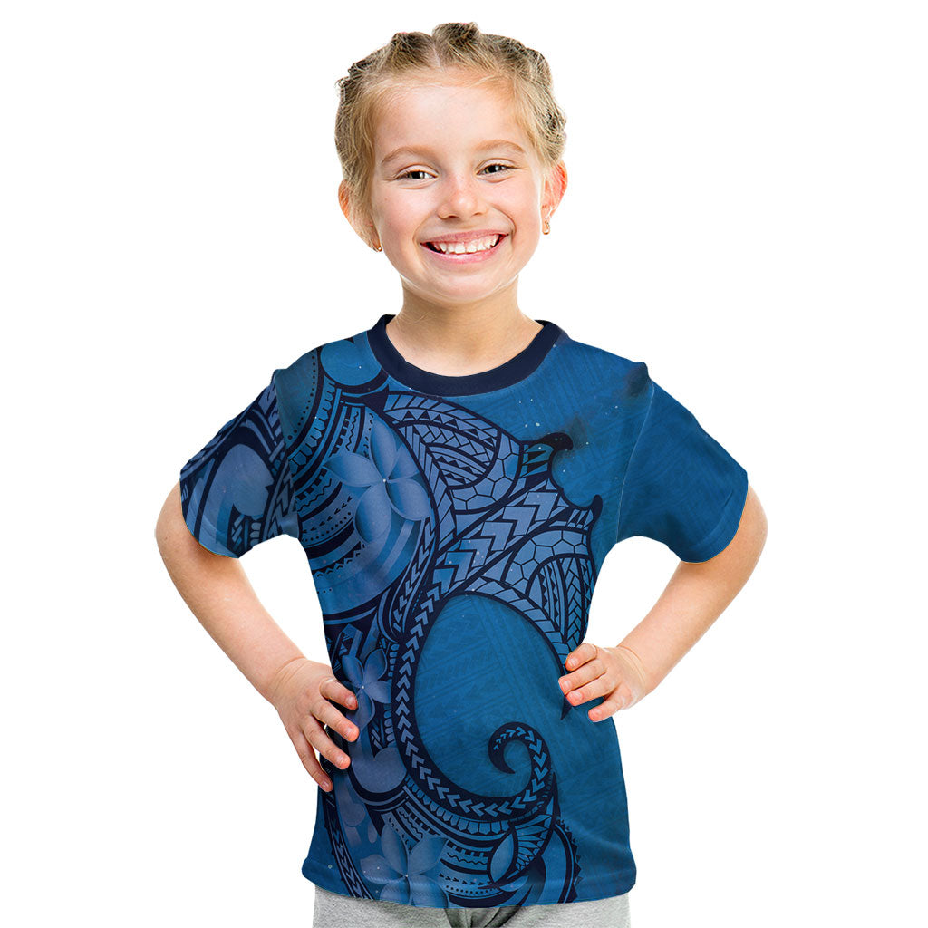 Polynesia Manta Ray Tattoo Kid T Shirt Tropical Plumeria Blue Polynesian Pattern