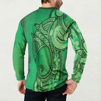 Polynesia Manta Ray Tattoo Button Sweatshirt Tropical Plumeria Green Polynesian Pattern LT14 - Polynesian Pride