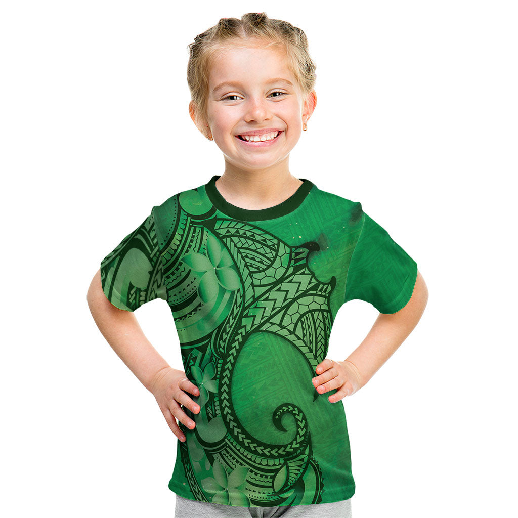 Polynesia Manta Ray Tattoo Kid T Shirt Tropical Plumeria Green Polynesian Pattern