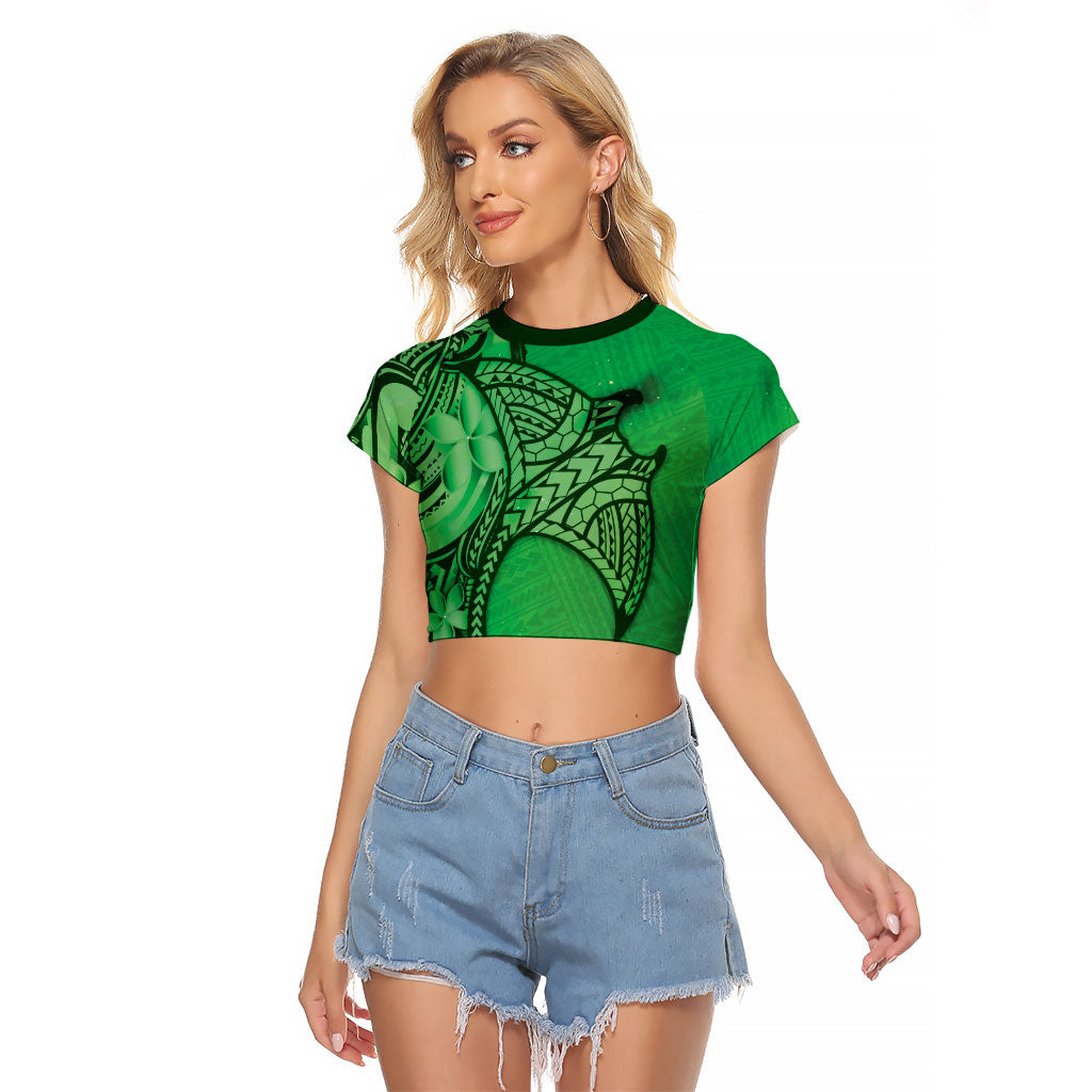 Polynesia Manta Ray Tattoo Raglan Cropped T Shirt Tropical Plumeria Green Polynesian Pattern