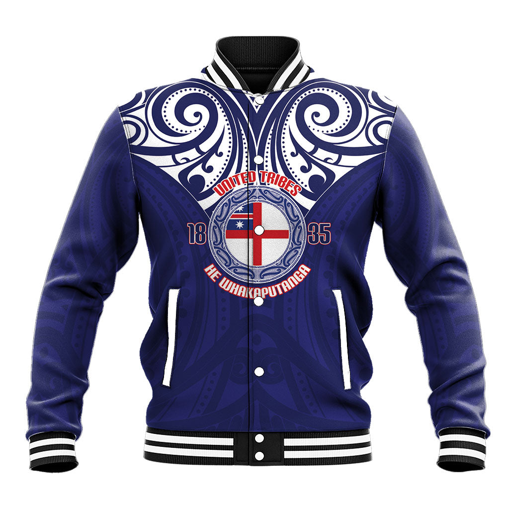 New Zealand United Tribes Te Kara Baseball Jacket He Whakaputanga Maori Pattern LT14 Unisex Blue - Polynesian Pride