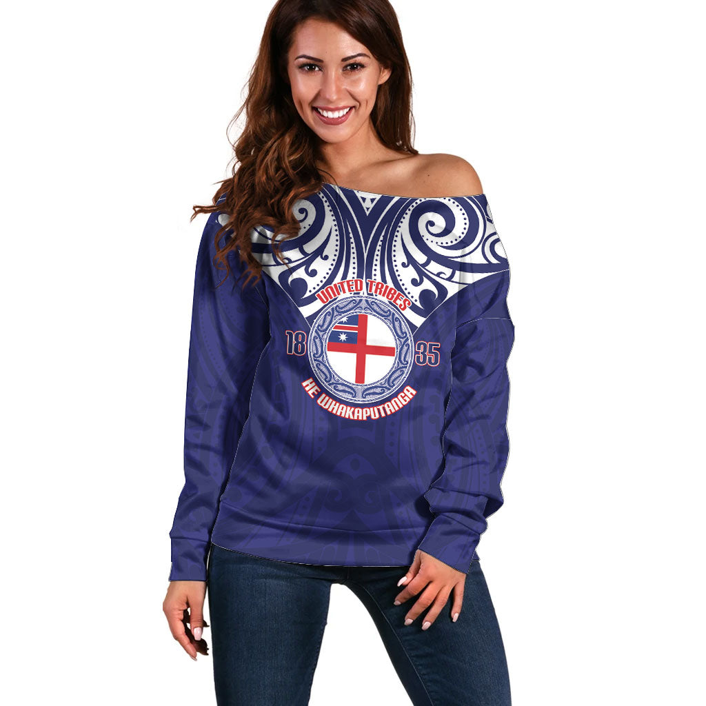 New Zealand United Tribes Te Kara Off Shoulder Sweater He Whakaputanga Maori Pattern LT14 Women Blue - Polynesian Pride