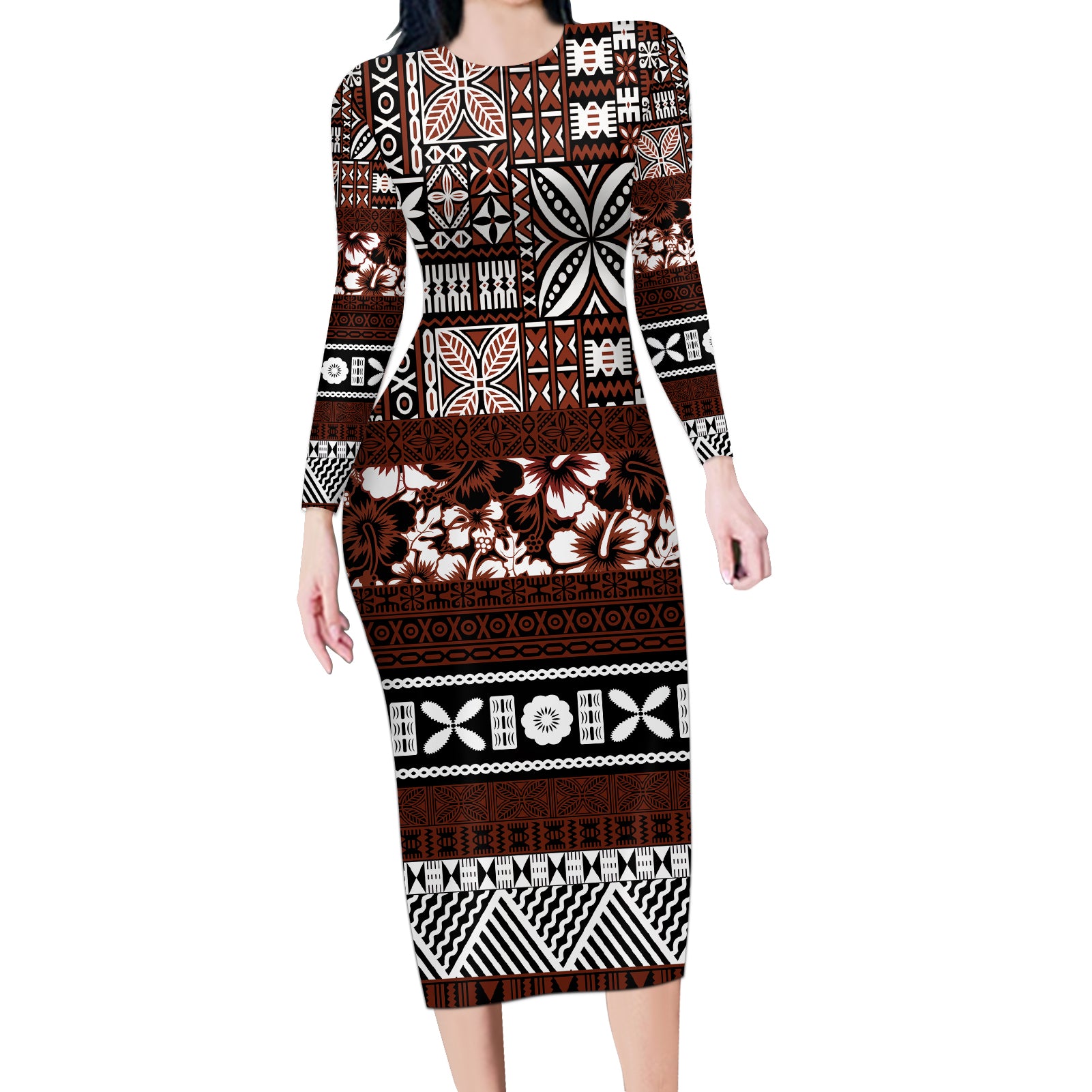 Bula Fiji Long Sleeve Bodycon Dress Fijian Tapa Masi With Hibiscus Flowers LT14 Long Dress Brown - Polynesian Pride