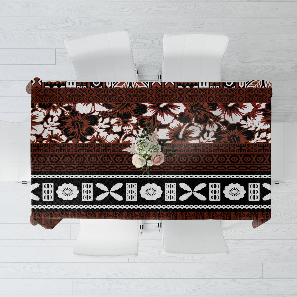 Bula Fiji Tablecloth Fijian Tapa Masi With Hibiscus Flowers LT14 Brown - Polynesian Pride