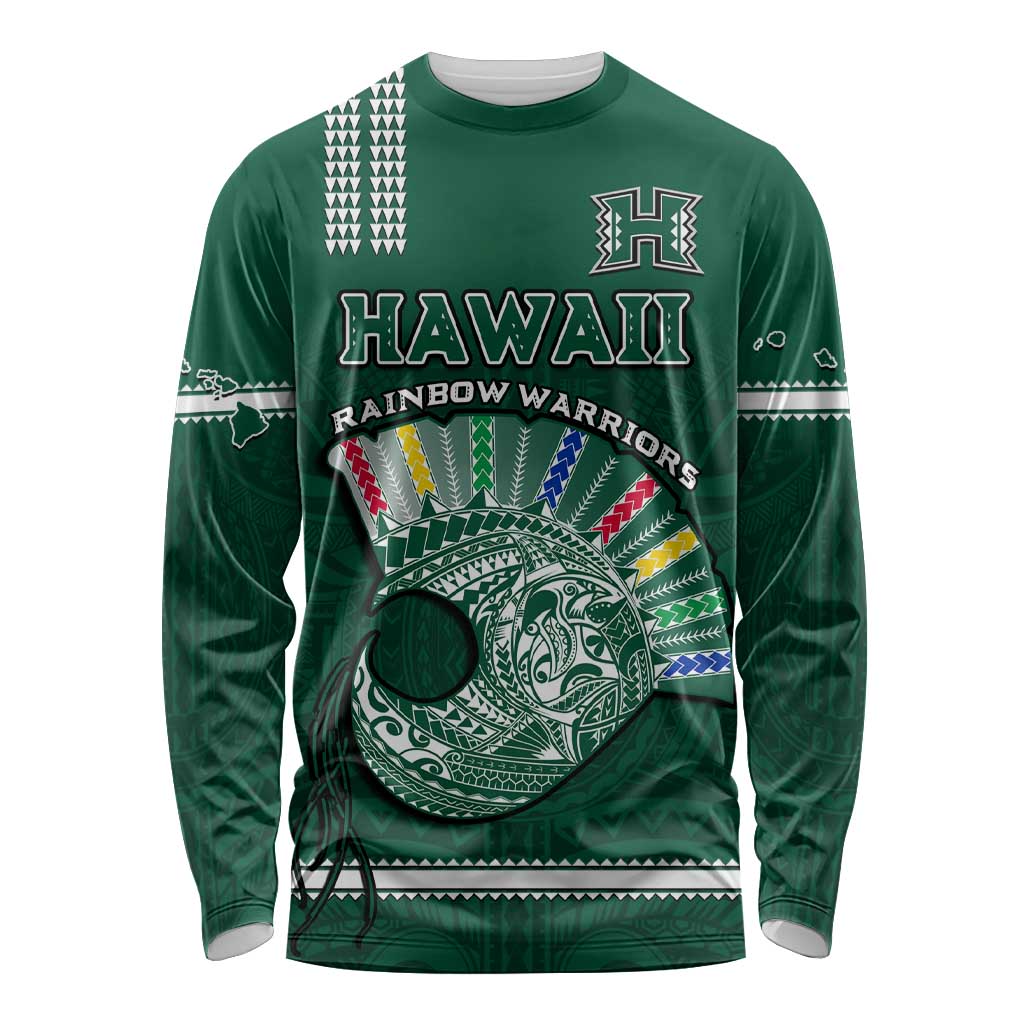Hawaii Football Long Sleeve Shirt Kakau Rainbow Warriors Helmet Go Bows LT14 Unisex Green - Polynesian Pride