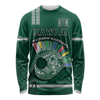 Hawaii Football Long Sleeve Shirt Kakau Rainbow Warriors Helmet Go Bows LT14 Unisex Green - Polynesian Pride