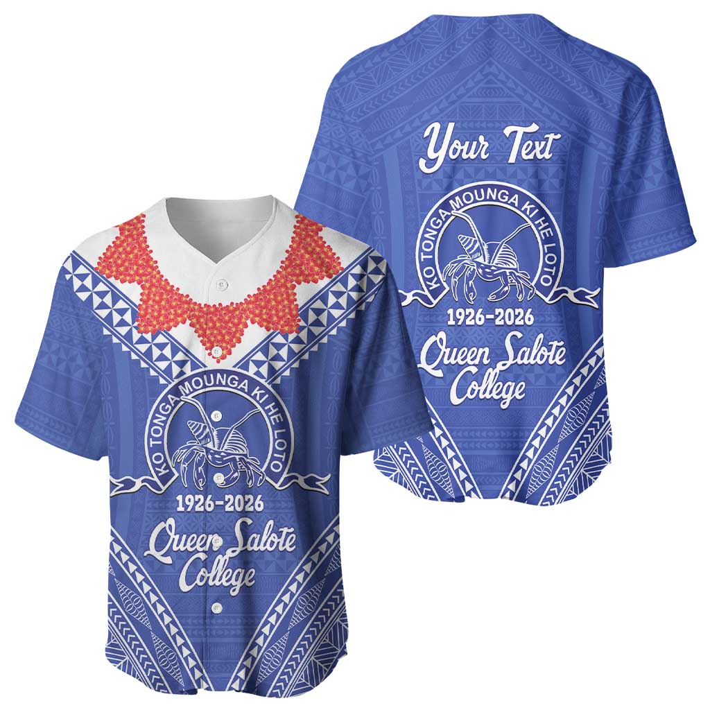 Queen Salote College 100 Years Personalized Baseball Jersey Tonga QSC Heilala Lei Blue Ngatu Pattern LT14 - Polynesian Pride