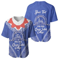 Queen Salote College 100 Years Personalized Baseball Jersey Tonga QSC Heilala Lei Blue Ngatu Pattern LT14 - Polynesian Pride