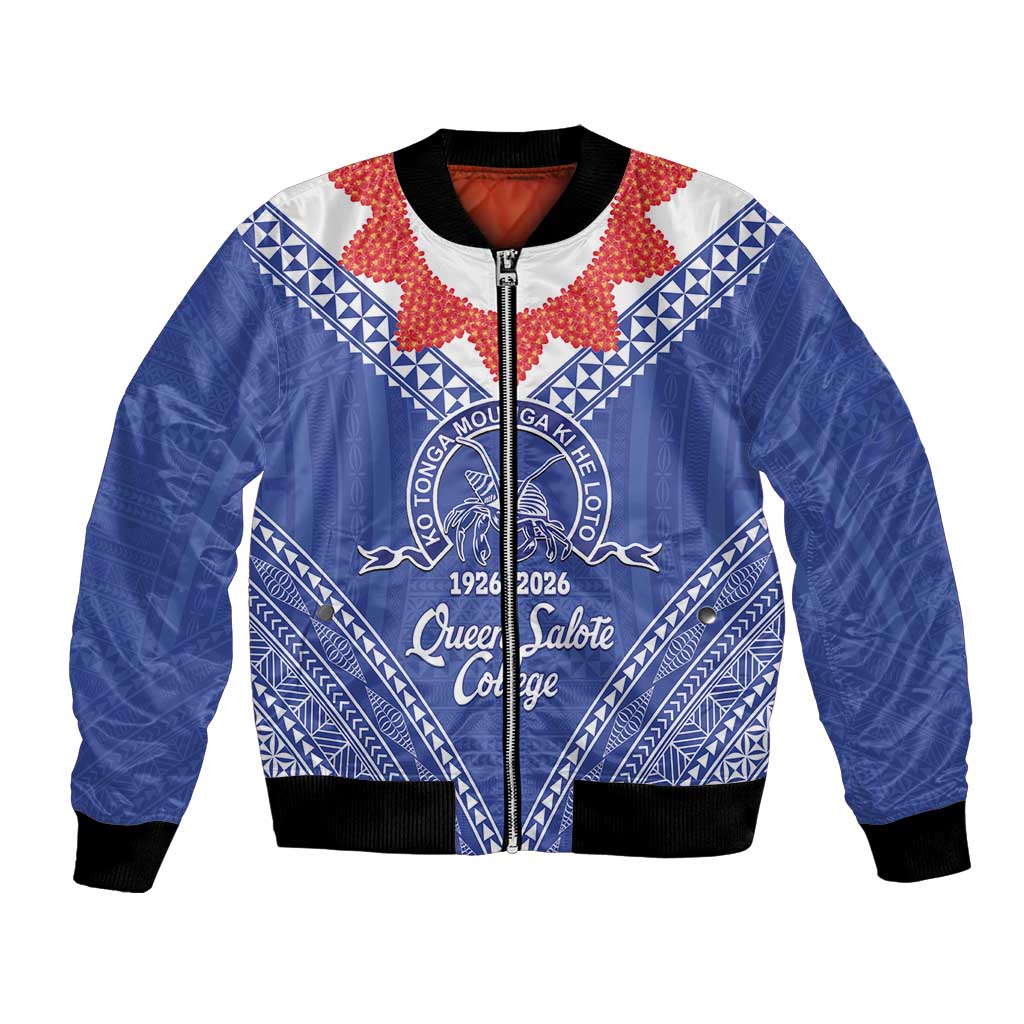Queen Salote College 100 Years Personalized Bomber Jacket Tonga QSC Heilala Lei Blue Ngatu Pattern LT14 Unisex Blue - Polynesian Pride