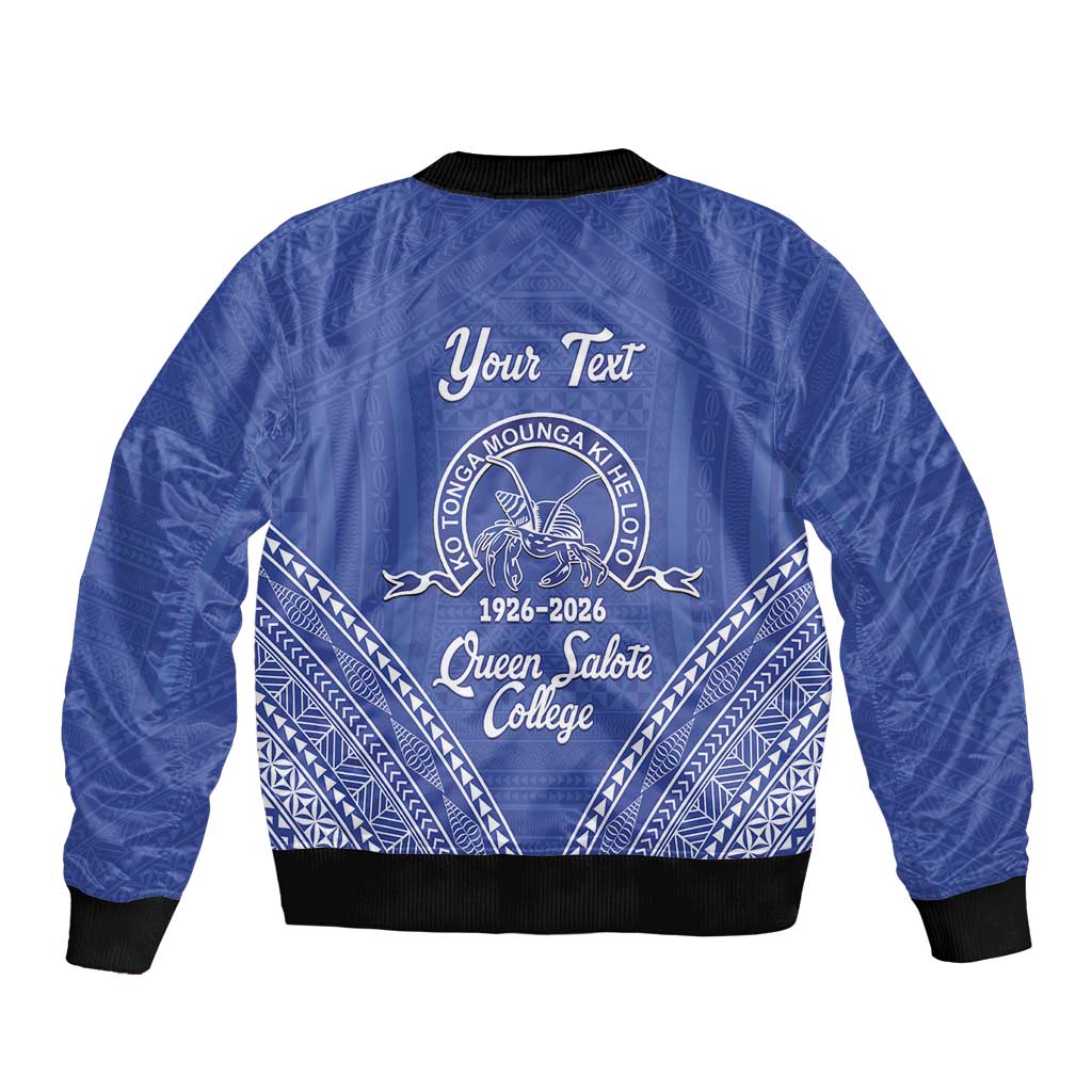 Queen Salote College 100 Years Personalized Bomber Jacket Tonga QSC Heilala Lei Blue Ngatu Pattern LT14 - Polynesian Pride