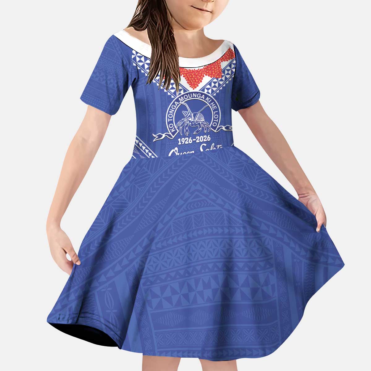 Queen Salote College 100 Years Personalized Kid Short Sleeve Dress Tonga QSC Heilala Lei Blue Ngatu Pattern LT14 KID Blue - Polynesian Pride