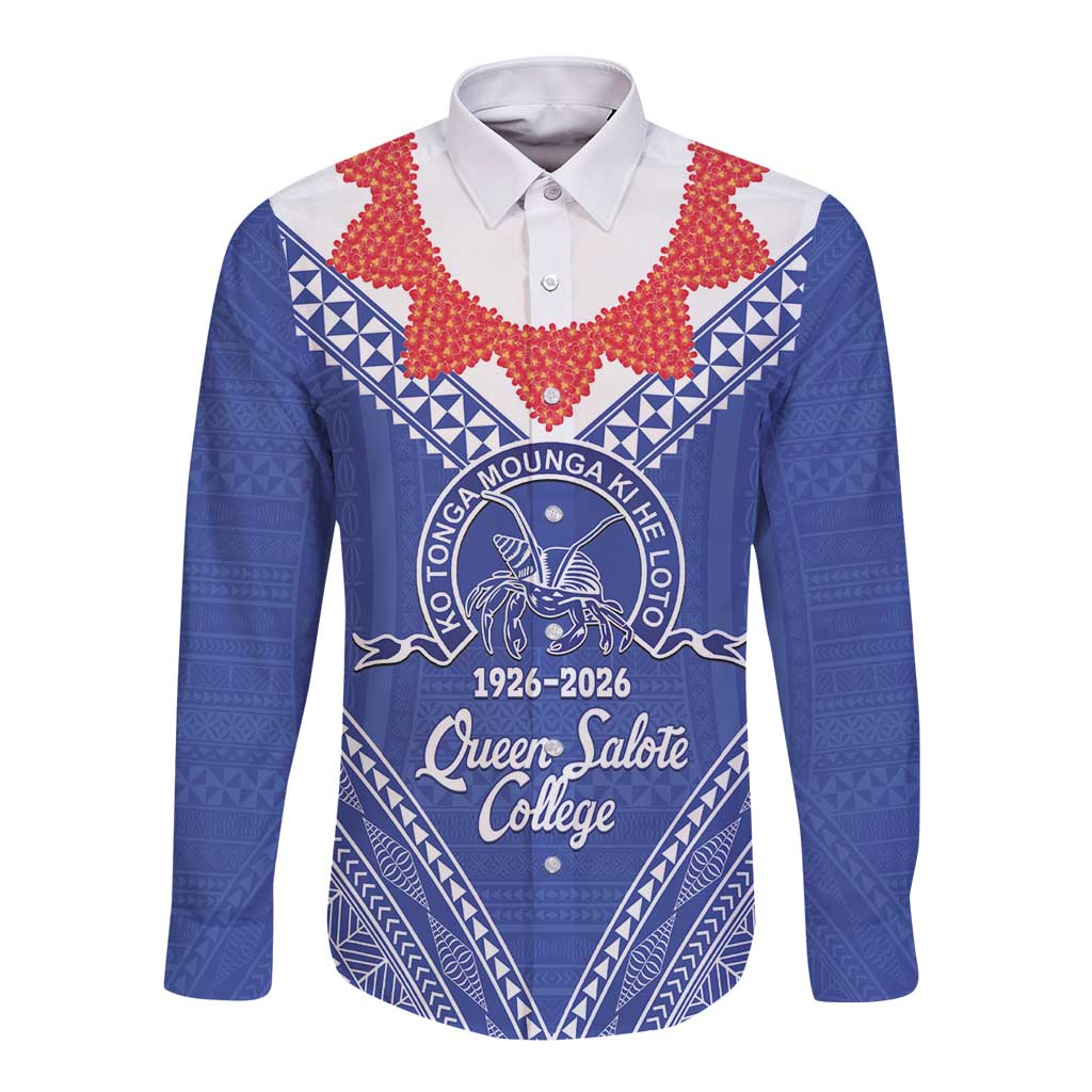 Queen Salote College 100 Years Personalized Long Sleeve Button Shirt Tonga QSC Heilala Lei Blue Ngatu Pattern LT14 Unisex Blue - Polynesian Pride