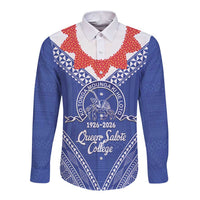 Queen Salote College 100 Years Personalized Long Sleeve Button Shirt Tonga QSC Heilala Lei Blue Ngatu Pattern LT14 Unisex Blue - Polynesian Pride