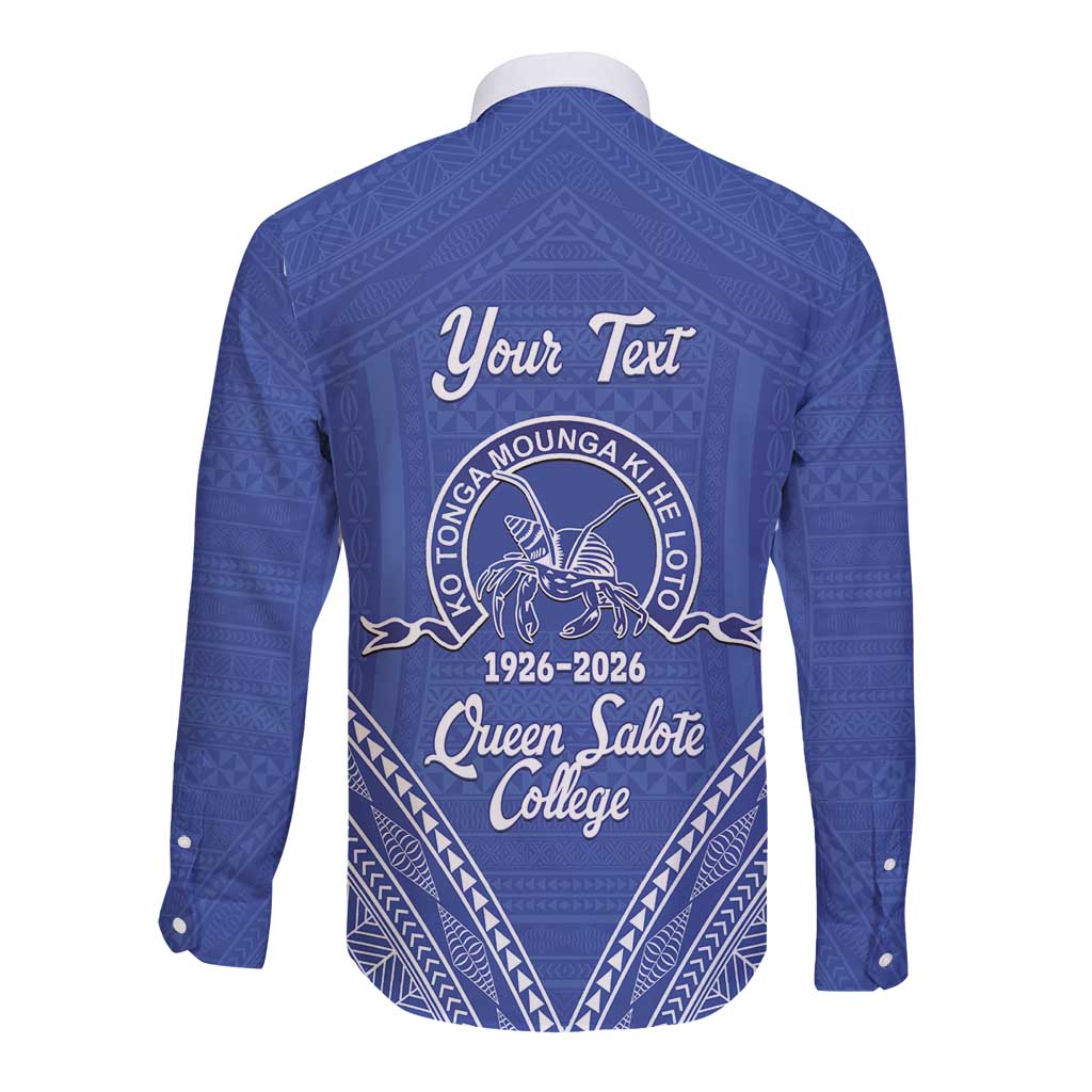 Queen Salote College 100 Years Personalized Long Sleeve Button Shirt Tonga QSC Heilala Lei Blue Ngatu Pattern LT14 - Polynesian Pride