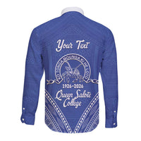 Queen Salote College 100 Years Personalized Long Sleeve Button Shirt Tonga QSC Heilala Lei Blue Ngatu Pattern LT14 - Polynesian Pride