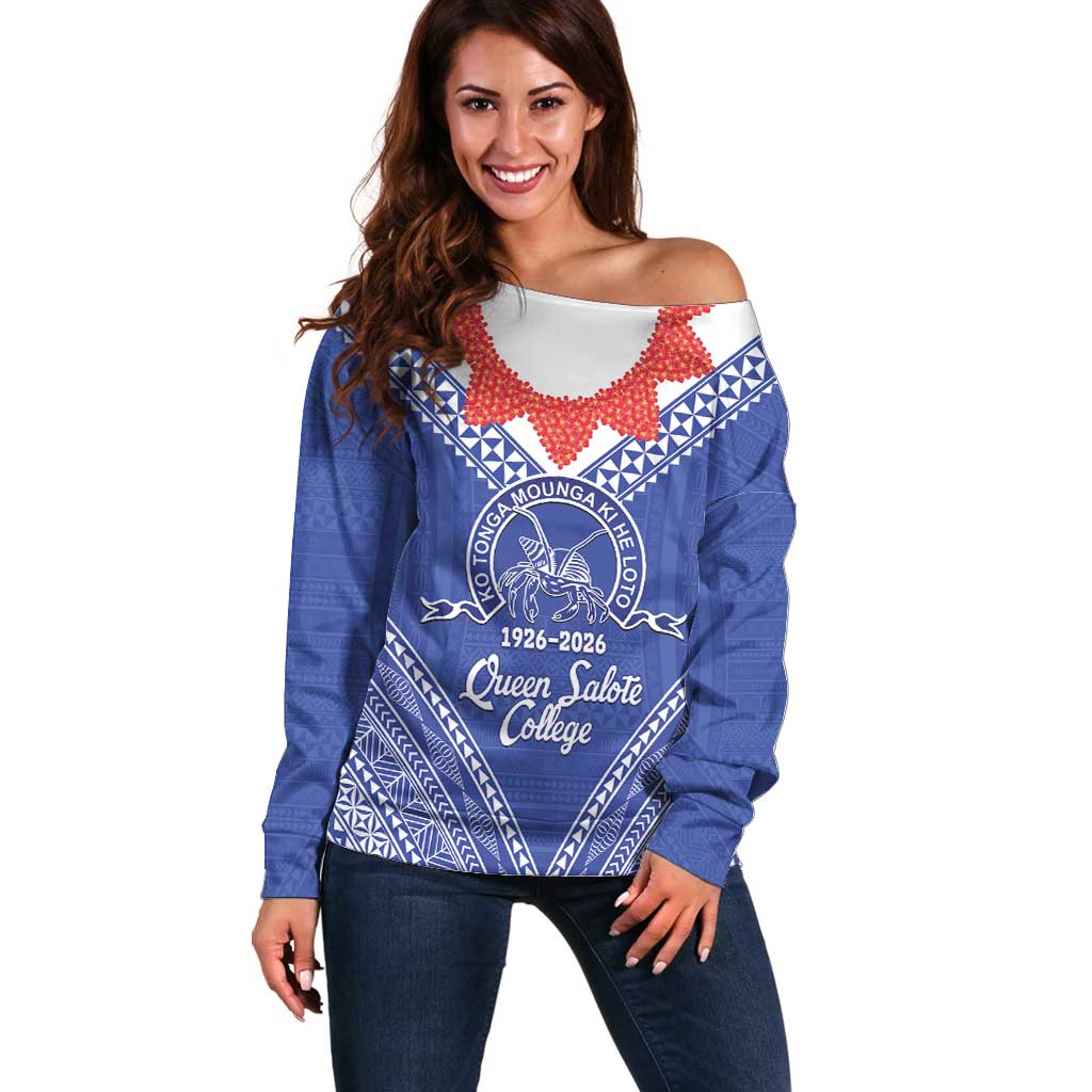 Queen Salote College 100 Years Personalized Off Shoulder Sweater Tonga QSC Heilala Lei Blue Ngatu Pattern LT14 Women Blue - Polynesian Pride