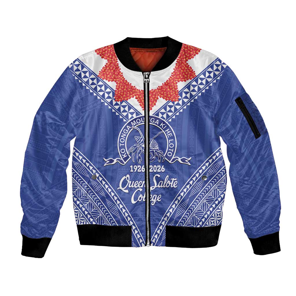 Queen Salote College 100 Years Personalized Sleeve Zip Bomber Jacket Tonga QSC Heilala Lei Blue Ngatu Pattern LT14 Unisex Blue - Polynesian Pride