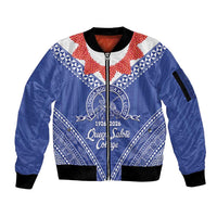 Queen Salote College 100 Years Personalized Sleeve Zip Bomber Jacket Tonga QSC Heilala Lei Blue Ngatu Pattern LT14 Unisex Blue - Polynesian Pride