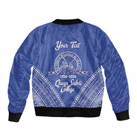 Queen Salote College 100 Years Personalized Sleeve Zip Bomber Jacket Tonga QSC Heilala Lei Blue Ngatu Pattern LT14 - Polynesian Pride