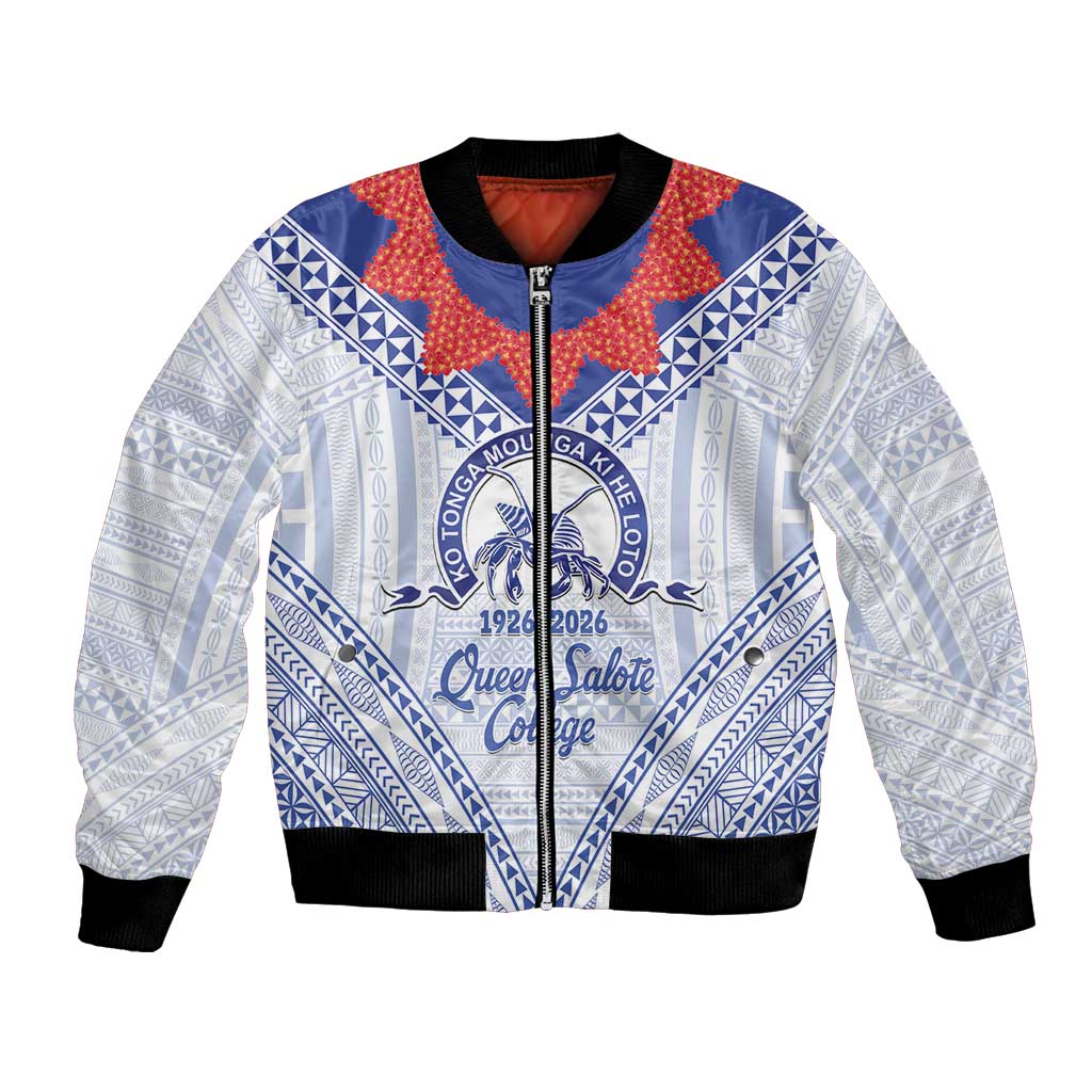 Queen Salote College 100 Years Personalized Bomber Jacket Tonga QSC Heilala Lei White Ngatu Pattern LT14 Unisex White - Polynesian Pride