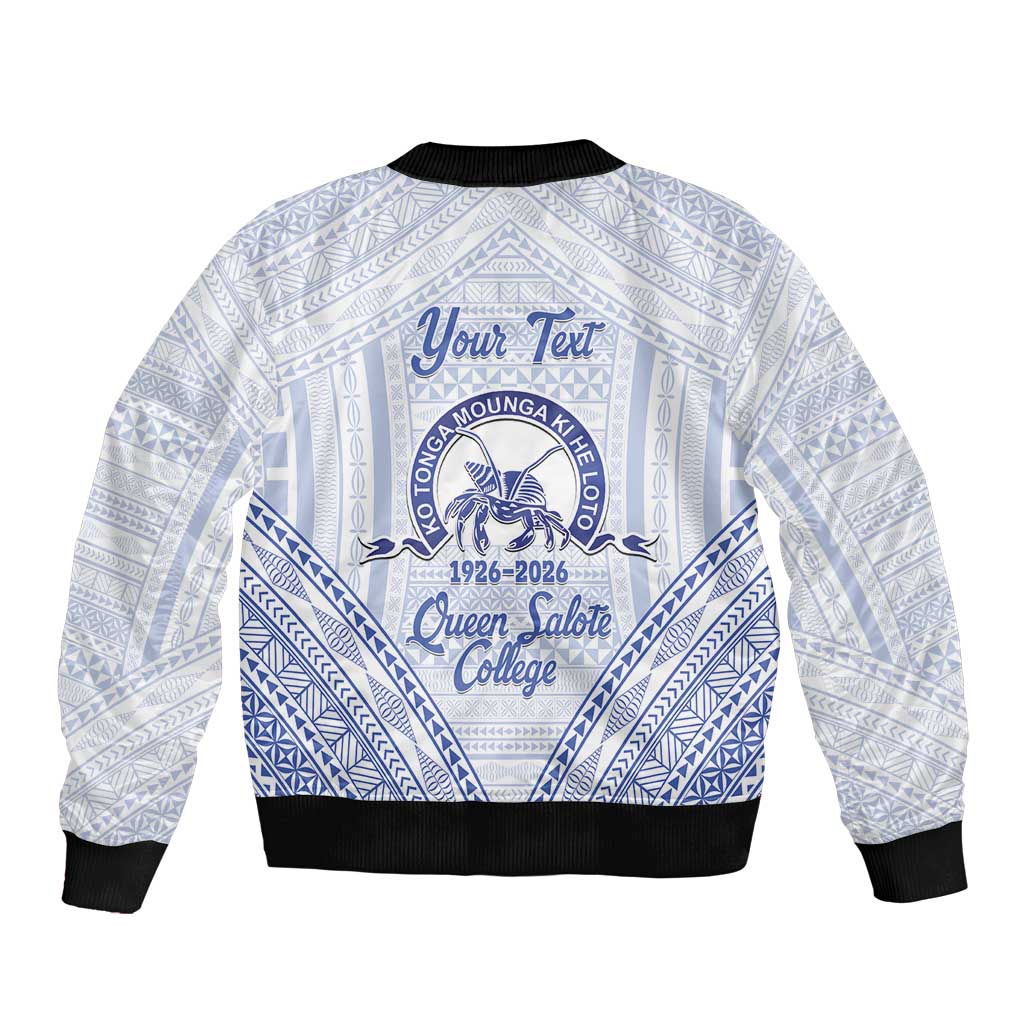 Queen Salote College 100 Years Personalized Bomber Jacket Tonga QSC Heilala Lei White Ngatu Pattern LT14 - Polynesian Pride