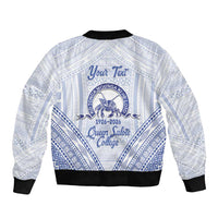 Queen Salote College 100 Years Personalized Bomber Jacket Tonga QSC Heilala Lei White Ngatu Pattern LT14 - Polynesian Pride
