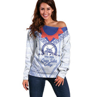 Queen Salote College 100 Years Personalized Off Shoulder Sweater Tonga QSC Heilala Lei White Ngatu Pattern LT14 Women White - Polynesian Pride