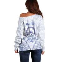 Queen Salote College 100 Years Personalized Off Shoulder Sweater Tonga QSC Heilala Lei White Ngatu Pattern LT14 - Polynesian Pride
