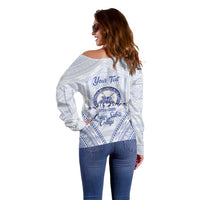 Queen Salote College 100 Years Personalized Off Shoulder Sweater Tonga QSC Heilala Lei White Ngatu Pattern LT14 - Polynesian Pride