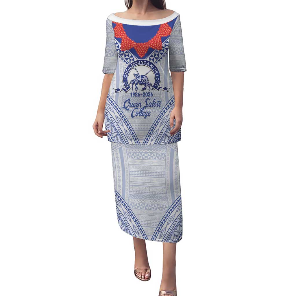 Queen Salote College 100 Years Personalized Puletasi Tonga QSC Heilala Lei White Ngatu Pattern LT14 Long Dress White - Polynesian Pride