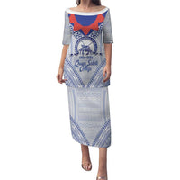 Queen Salote College 100 Years Personalized Puletasi Tonga QSC Heilala Lei White Ngatu Pattern LT14 Long Dress White - Polynesian Pride
