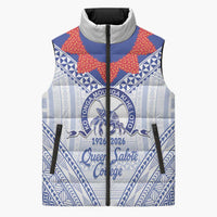 Queen Salote College 100 Years Personalized Sleeveless Puffer Jacket Tonga QSC Heilala Lei White Ngatu Pattern LT14 Unisex White - Polynesian Pride