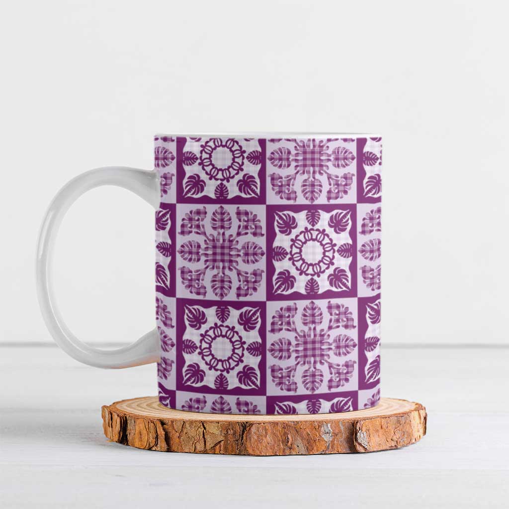 Poni Palaka Quilt Hawaii Ceramic Mug Hawaiian Tropical Monstera Sea Turtle LT14 Purple - Polynesian Pride