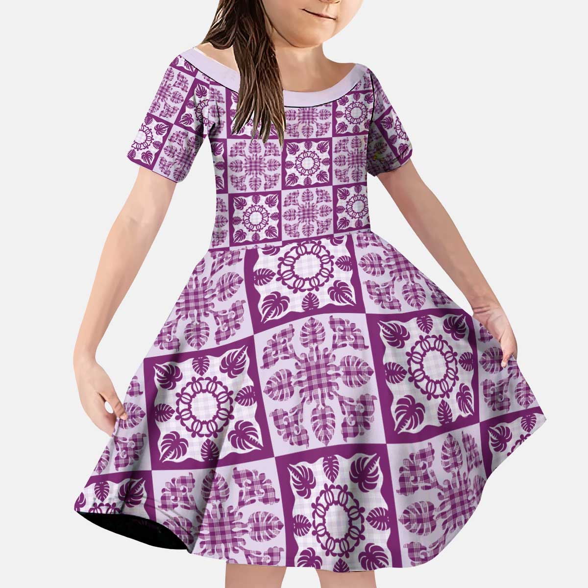 Poni Palaka Quilt Hawaii Kid Short Sleeve Dress Hawaiian Tropical Monstera Sea Turtle LT14 KID Purple - Polynesian Pride