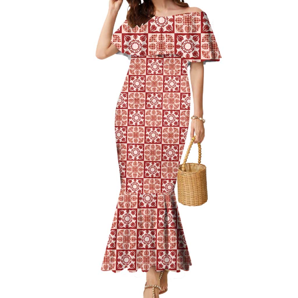 Ulaula Palaka Quilt Hawaii Mermaid Dress Hawaiian Tropical Monstera Sea Turtle LT14 Women Red - Polynesian Pride