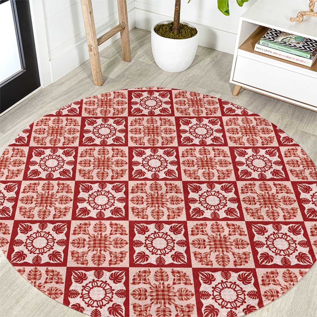 Ulaula Palaka Quilt Hawaii Round Carpet Hawaiian Tropical Monstera Sea Turtle LT14 Red - Polynesian Pride