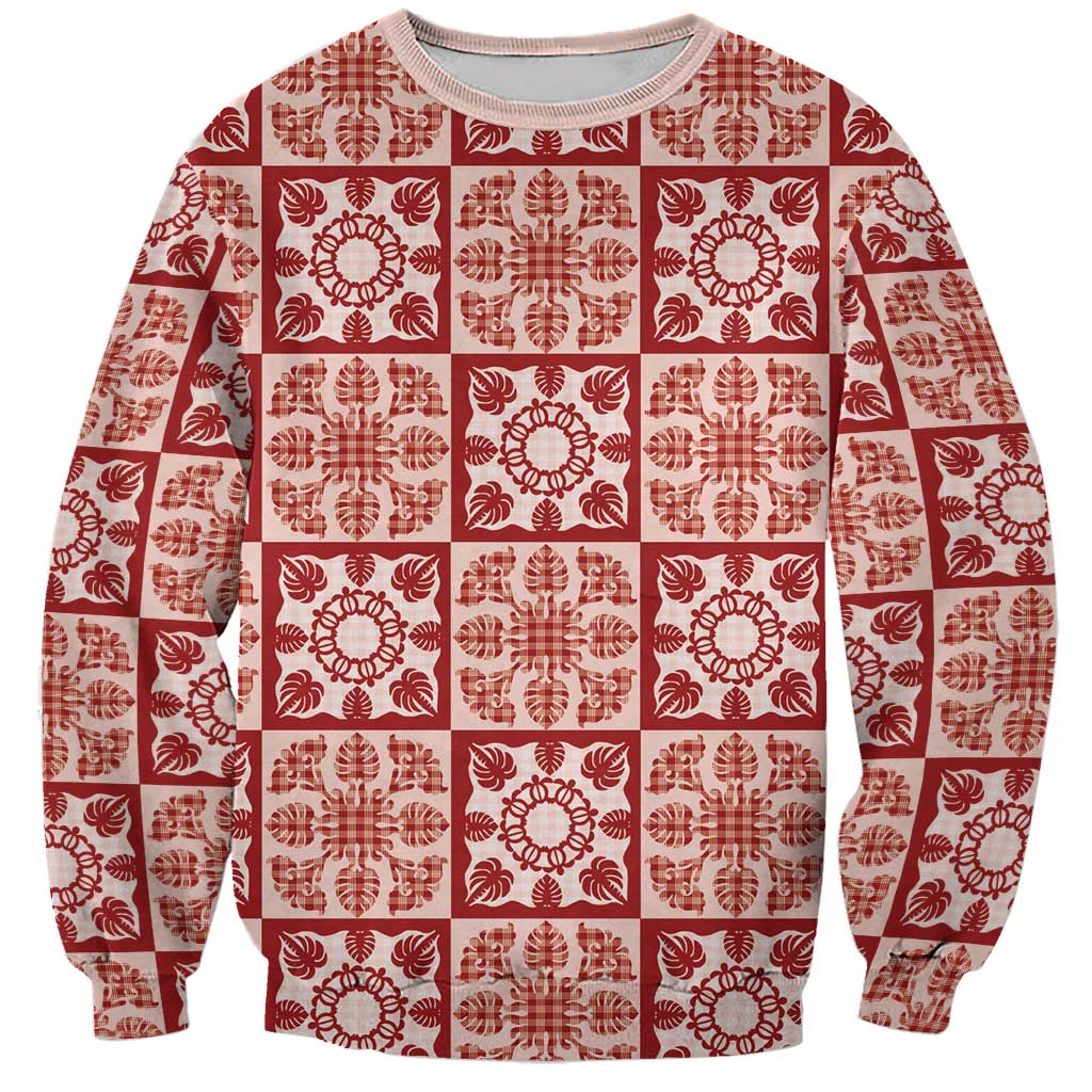 Ulaula Palaka Quilt Hawaii Sweatshirt Hawaiian Tropical Monstera Sea Turtle LT14 Unisex Red - Polynesian Pride