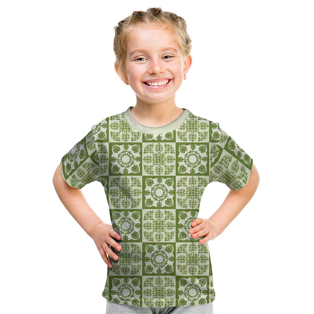 Omaomao Palaka Quilt Hawaii Kid T Shirt Hawaiian Tropical Monstera Sea Turtle LT14 Green - Polynesian Pride