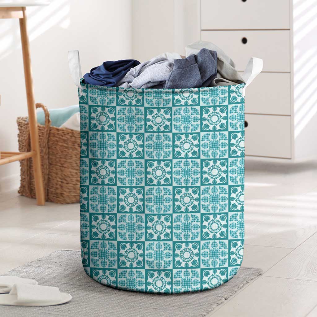 Cyan Palaka Quilt Hawaii Laundry Basket Hawaiian Tropical Monstera Sea Turtle LT14 Cyan - Polynesian Pride