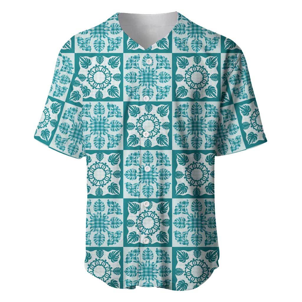 Cyan Palaka Quilt Hawaii Baseball Jersey Hawaiian Tropical Monstera Sea Turtle LT14 Cyan - Polynesian Pride