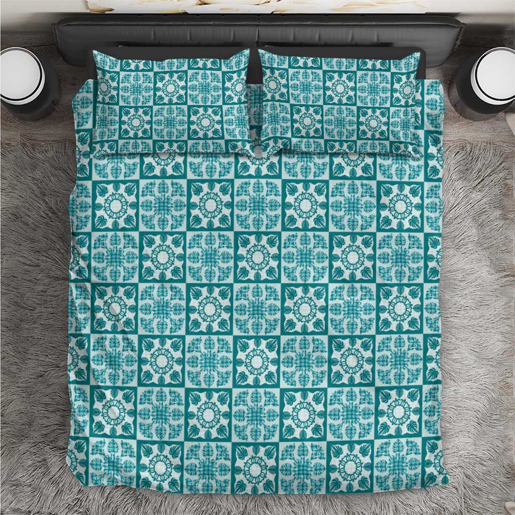 Cyan Palaka Quilt Hawaii Bedding Set Hawaiian Tropical Monstera Sea Turtle LT14 Cyan - Polynesian Pride