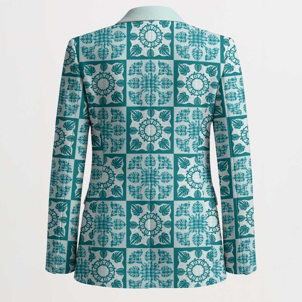Cyan Palaka Quilt Hawaii Blazer Hawaiian Tropical Monstera Sea Turtle LT14 - Polynesian Pride