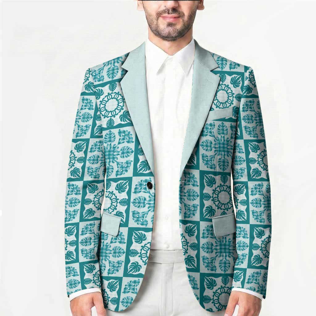 Cyan Palaka Quilt Hawaii Blazer Hawaiian Tropical Monstera Sea Turtle LT14 - Polynesian Pride