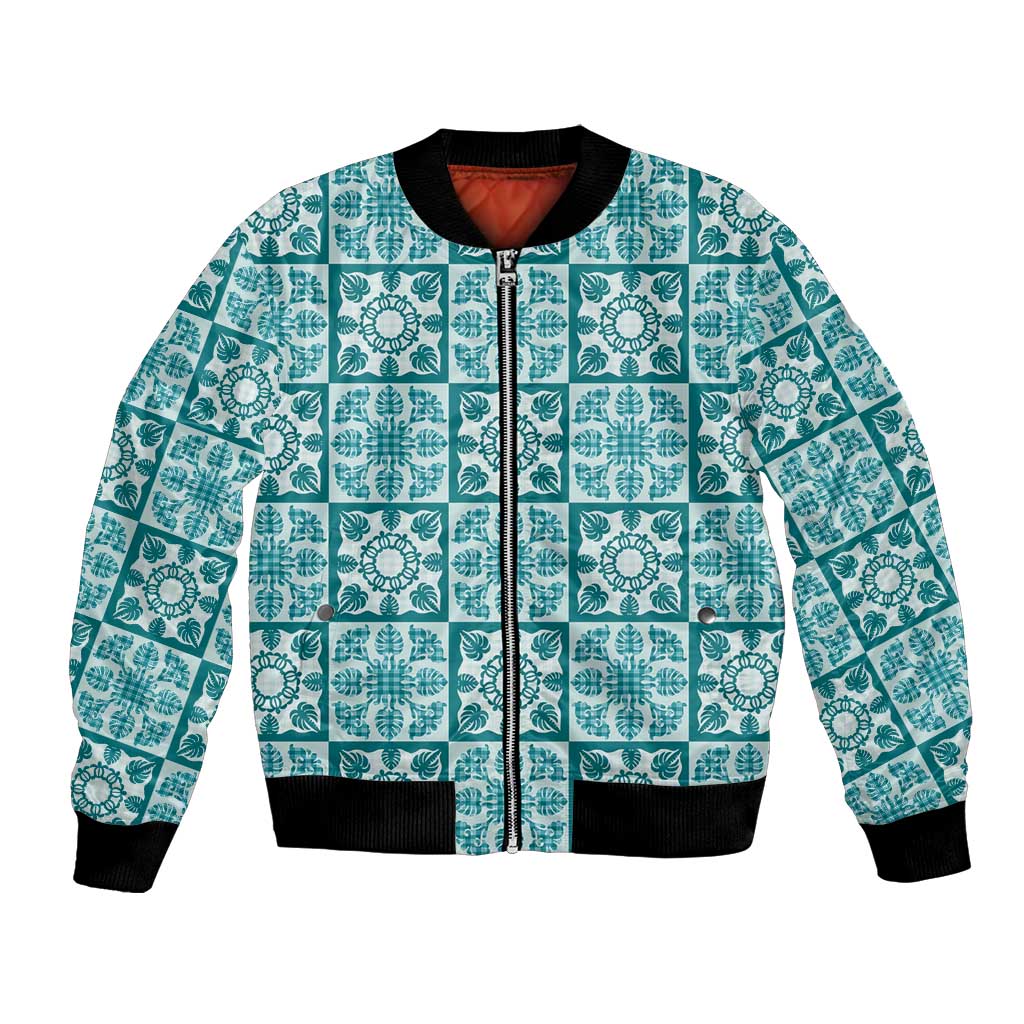 Cyan Palaka Quilt Hawaii Bomber Jacket Hawaiian Tropical Monstera Sea Turtle LT14 Unisex Cyan - Polynesian Pride