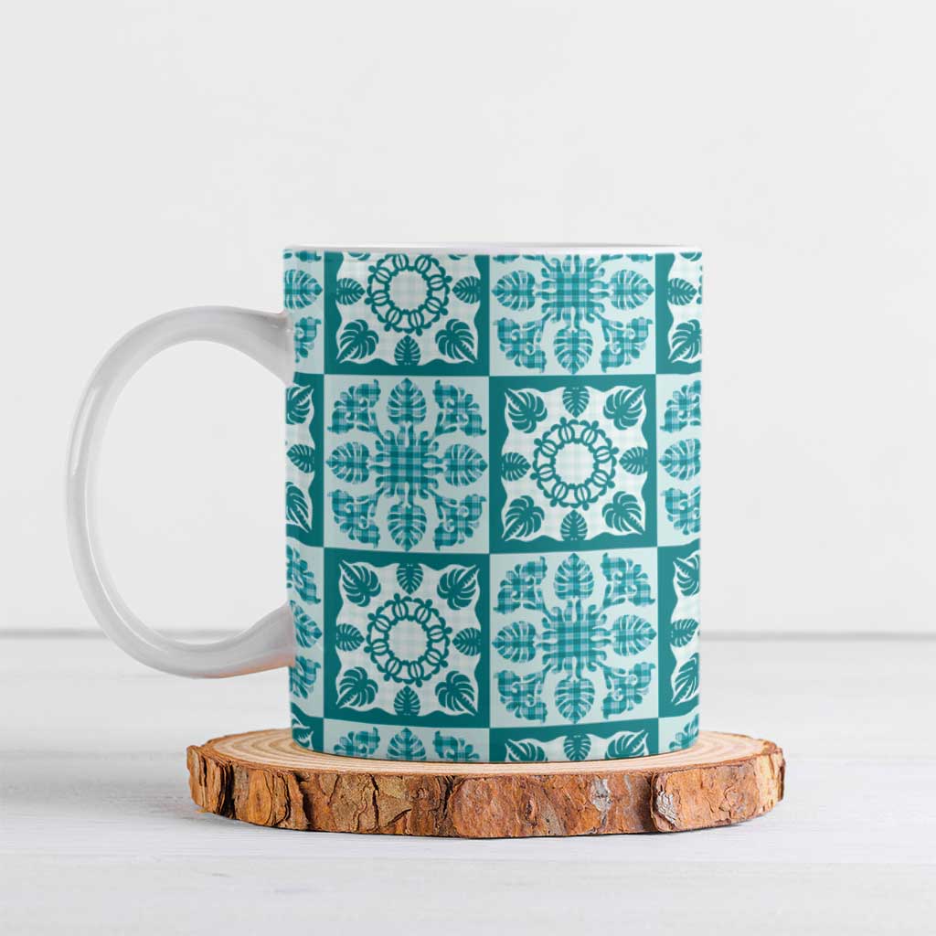 Cyan Palaka Quilt Hawaii Ceramic Mug Hawaiian Tropical Monstera Sea Turtle LT14 Cyan - Polynesian Pride