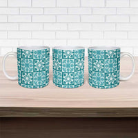 Cyan Palaka Quilt Hawaii Ceramic Mug Hawaiian Tropical Monstera Sea Turtle LT14 - Polynesian Pride